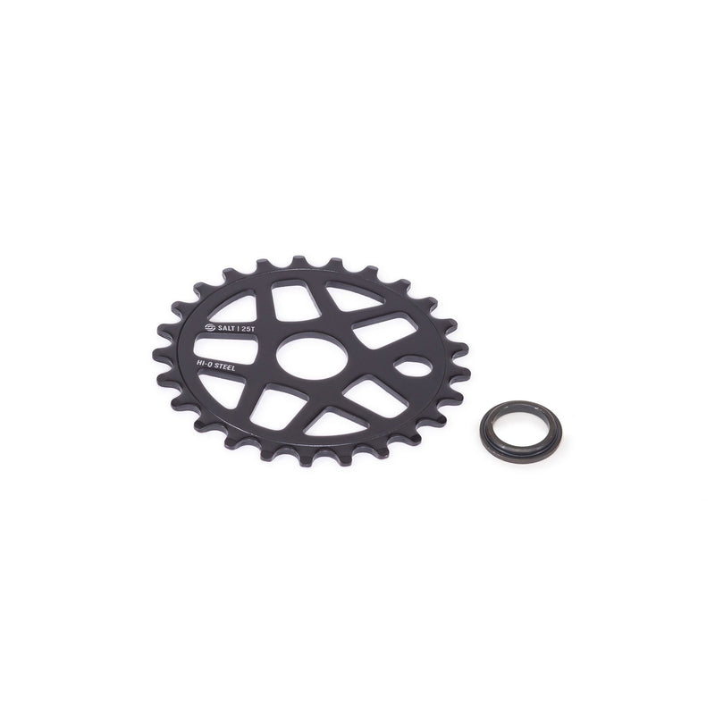 SALT GATEWAY STEEL SPROCKET in chrome and oil slick finish with multi-spoke design, includes 19mm spindle adapter.