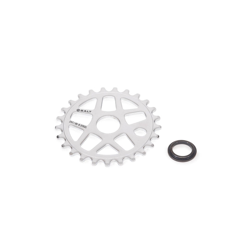 SALT GATEWAY steel sprocket with multi-spoke design and chrome finish, includes spindle adapter.
