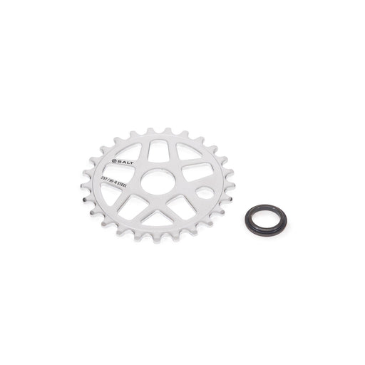 SALT GATEWAY steel sprocket with multi-spoke design and chrome finish, includes spindle adapter.