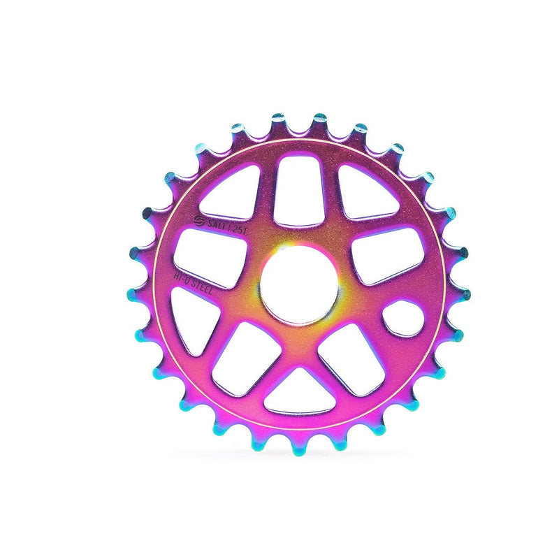 Salt Gateway Steel Sprocket in chrome oil slick finish with tough multi-spoke design and reinforced bolt area.