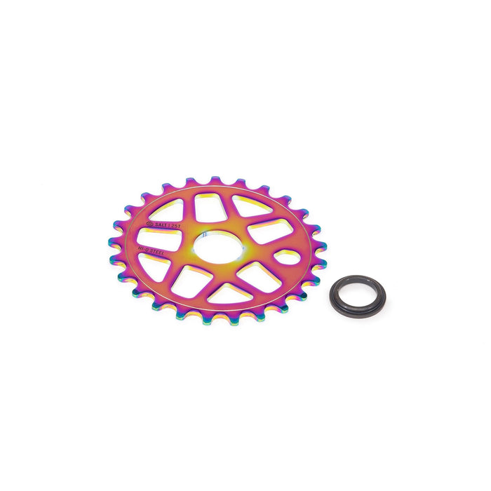 SALT GATEWAY STEEL SPROCKET in chrome and oil slick finish with a multi-spoke design.