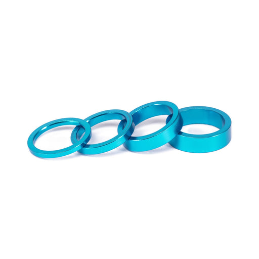 SALT HEADSET SPACER set in cyan, featuring 6061-T6 alloy and carbon fiber, includes 3mm, 5mm, 8mm, and 10mm spacers.