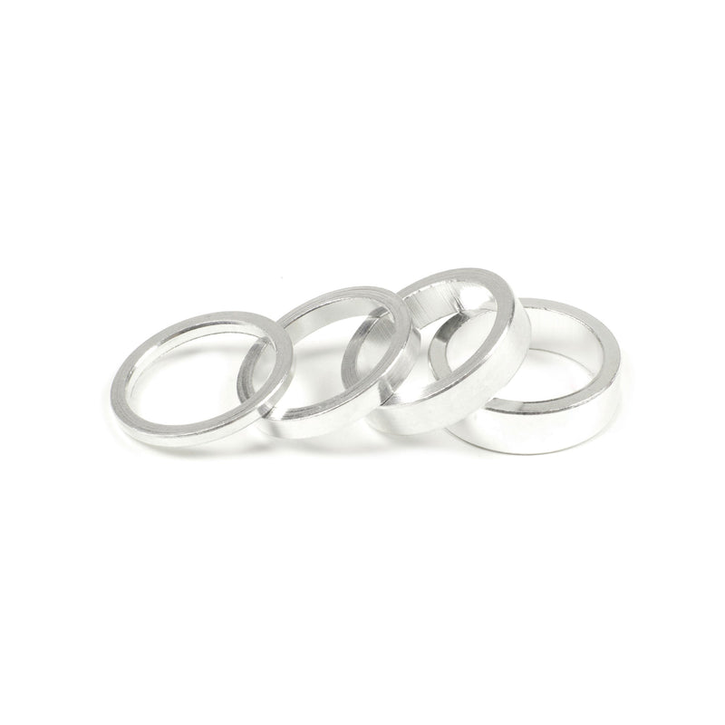SALT headset spacer set in silver, featuring 4 sizes: 3mm, 5mm, 8mm, 10mm, made from 6061-T6 alloy and Carbon Fibre.