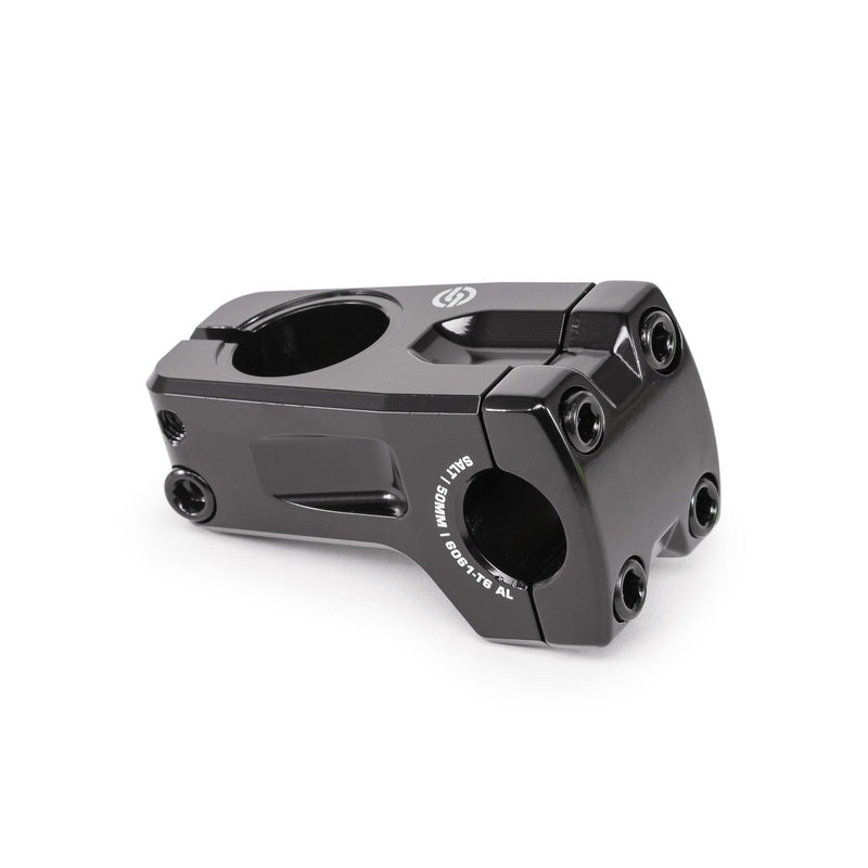 Black Salt Pro Frontload Stem with wider faceplate and STC clamping technology for secure bar grip