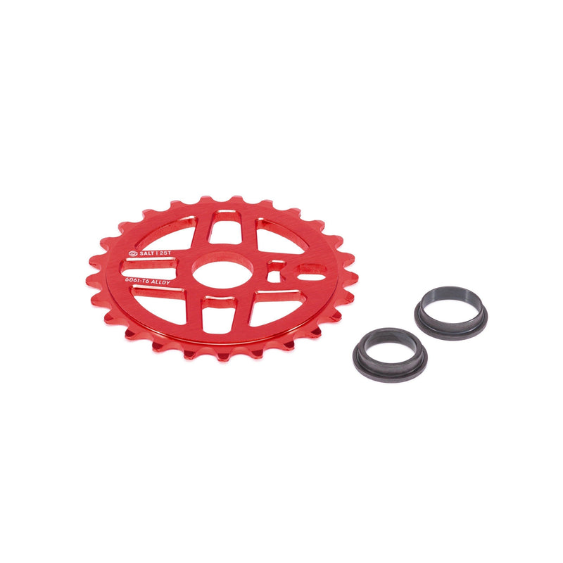 SALT PRO SPROCKET in red with spindle adaptors, lightweight 6061-T6 alloy.