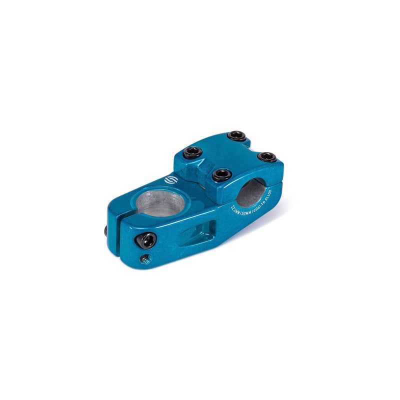 Blue Salt Pro Topload Stem made from forged 6061-T6 alloy with 33mm rise and 50mm reach, featuring wide faceplate and STC clamping for BMX bikes