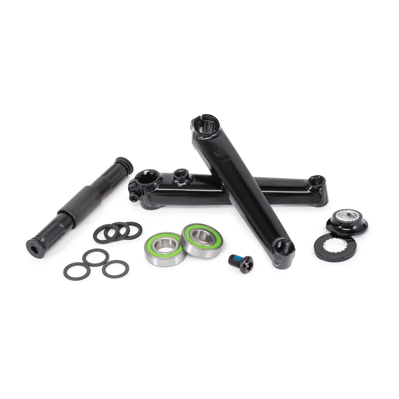 BMX crankset with black square-profiled arms, bearings, and spindle for street riders; Salt Revo Crank.