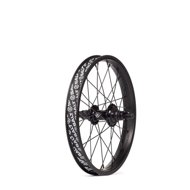 SALT ROOKIE cassette rear wheel with 9t driver, black 35mm wide SALT BEAM rim, alloy semi-sealed hub, 14mm axle, available in 12"-20" sizes