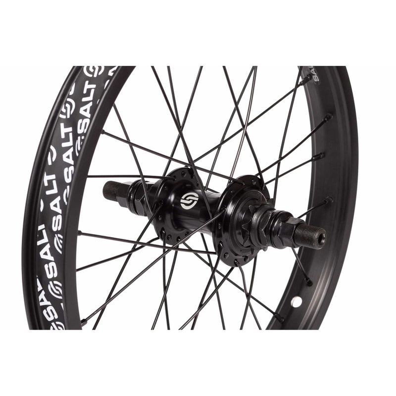 Black SALT ROOKIE cassette rear wheel with 9t driver and 35mm single wall rim for BMX bikes.