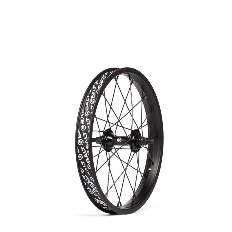 Black SALT ROOKIE FRONT WHEEL with 35mm single wall rim and low flange alloy hub, available in multiple sizes.