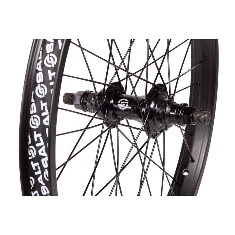 SALT Rookie cassette rear wheel with black 35mm Beam rim and 9t driver hub, available in 12" to 20" sizes.