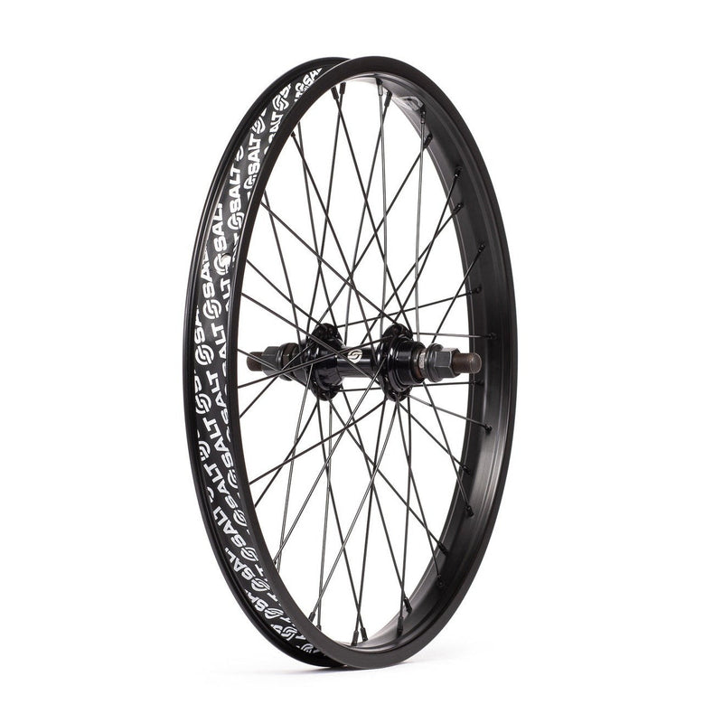 Black SALT ROOKIE FREEWHEEL rear bicycle wheel with 35mm single wall SALT BEAM rim and alloy loose-ball hub, compatible with 16", 18", and 20" sizes.