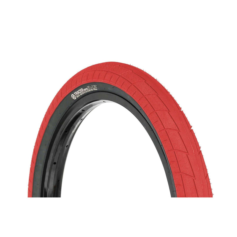 Red Salt Tracer Tire BMX tire with directional tread and knurled surface for traction
