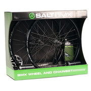 SALT VALON complete BMX wheel and chainset kit with black wheels, 25t sprocket, and pegs in branded packaging