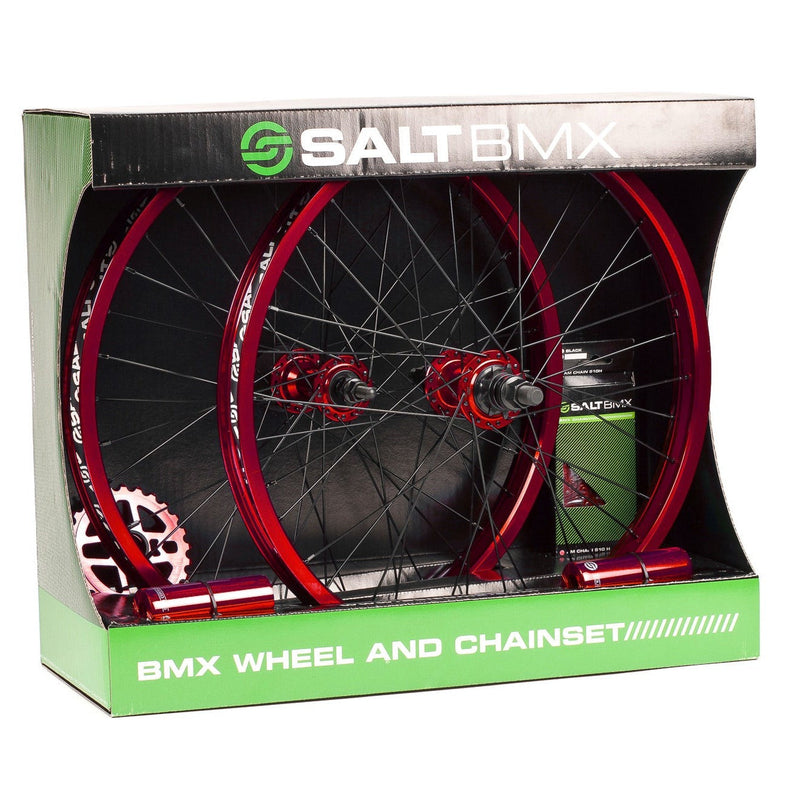 SALT VALON COMPLETE WHEEL AND CHAINSET in box, BMX upgrade kit, includes black/red/cyan wheels, pegs, 25t sprocket, and chain for 25-9 gearing.
