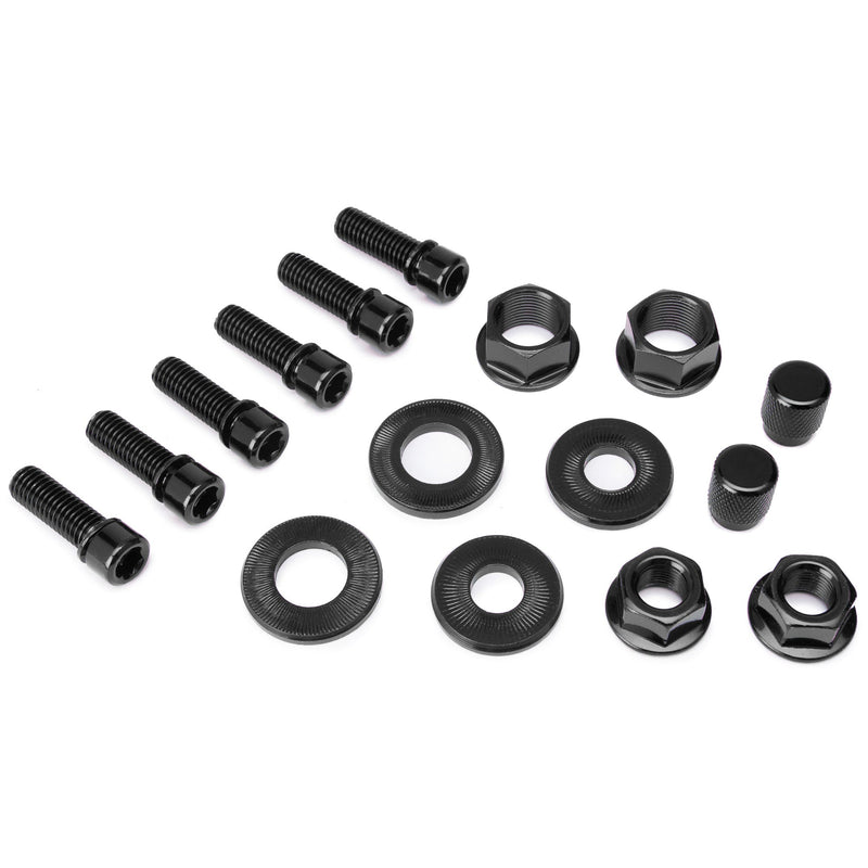 Black SALT nut and bolt set including stem bolts, axle nuts, washers, and valve caps made of crmo and alloy.
