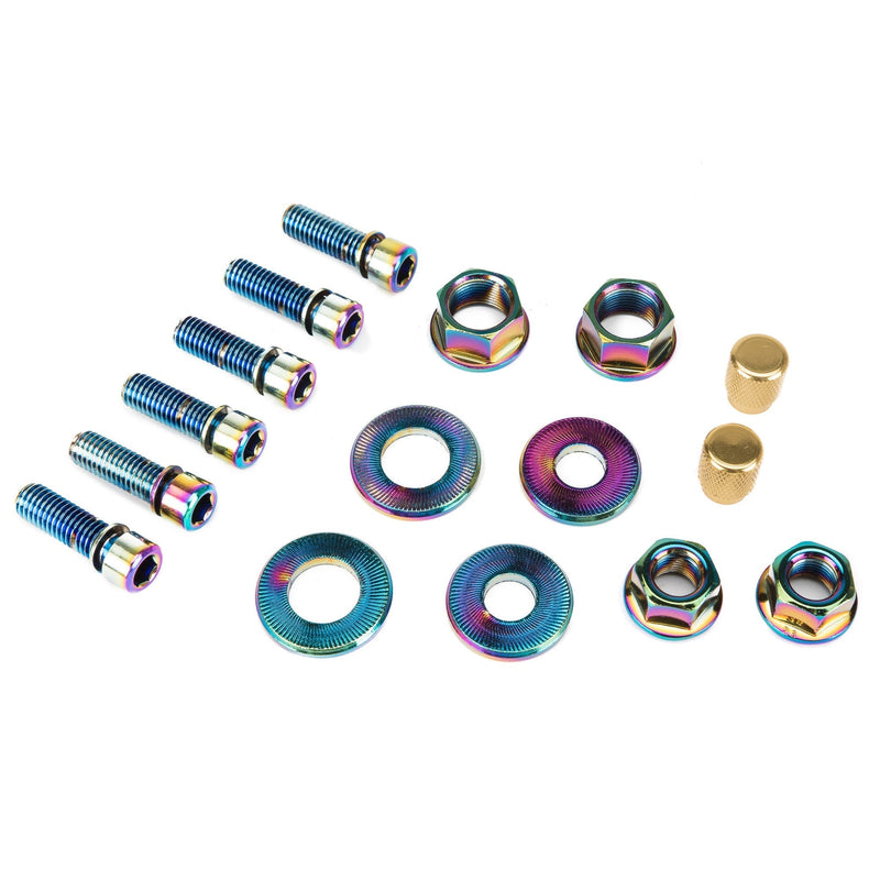 Salt Nut and Bolt Set in multi-color options including black, blue, red, gold, oilslick, purple, featuring crmo/alloy material; includes bolts, axle nuts, valve caps.