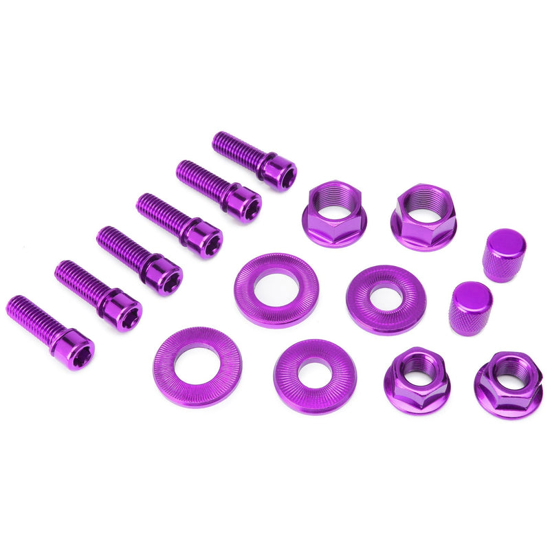 Purple color Salt Nut and Bolt Set for bicycles, featuring crmo/alloy construction, multiple sizes, and includes valve caps.