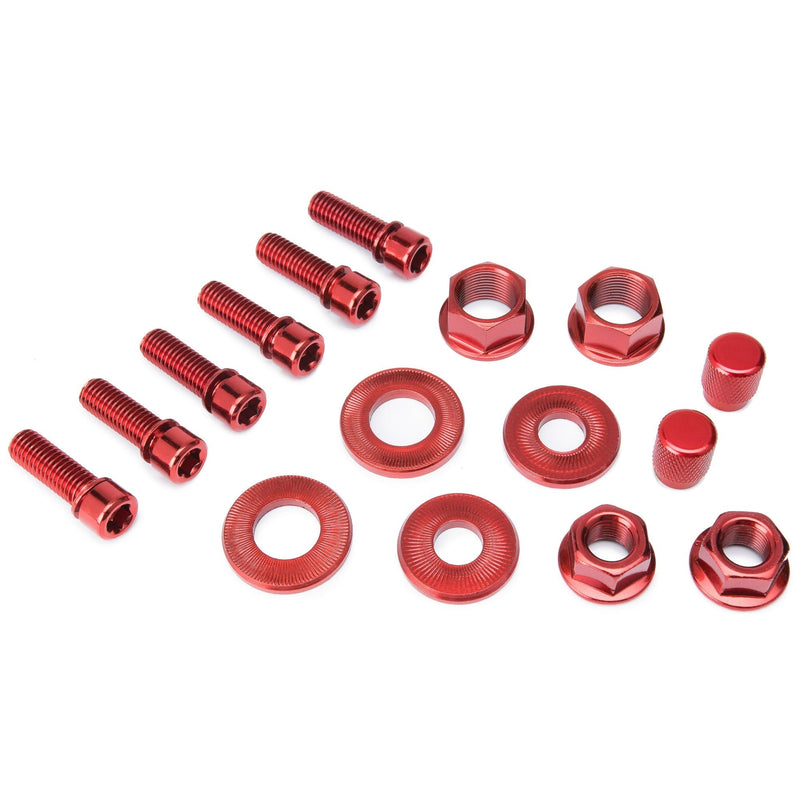 Colorful SALT nut and bolt set with alloy and CrMo materials in red.
