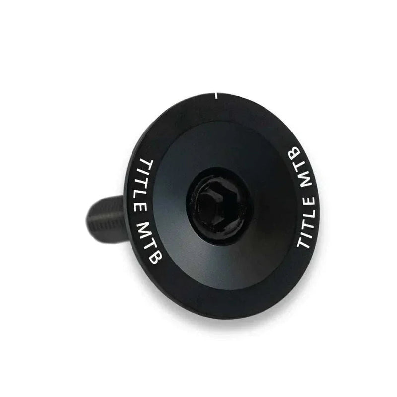 Black CNC-machined 6061 T6 alloy MTB headset top cap and bolt set with TITLE MTB branding