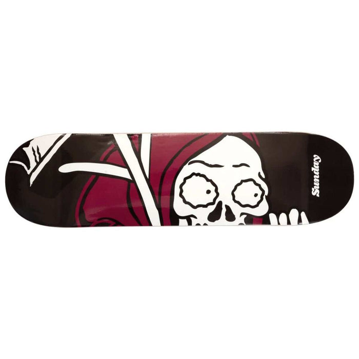 Sunday Creepy Sweeper skatedeck with skeleton graphic, 8.5" wide Canadian hard rock maple, 7 ply, medium concave design