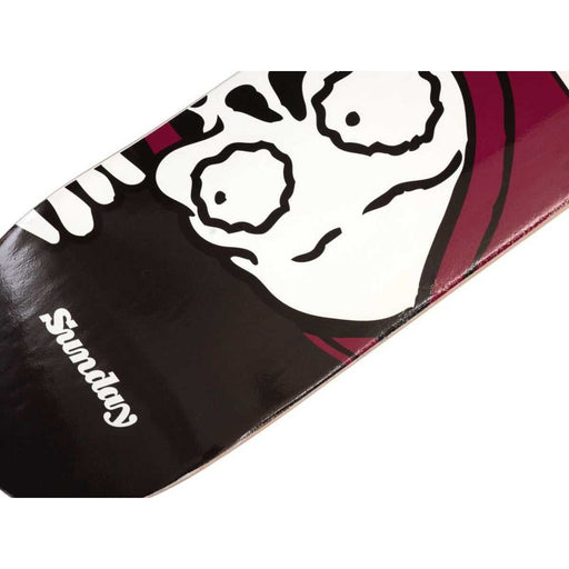 SUNDAY CREEPY SWEEPER skatedeck with creepy face graphic, 8.5" wide, 7-ply Canadian hard rock maple construction, medium concave, made in USA