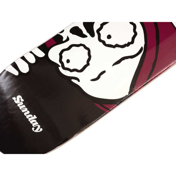 SUNDAY CREEPY SWEEPER skatedeck with creepy face graphic, 8.5" wide, 7-ply Canadian hard rock maple construction, medium concave, made in USA