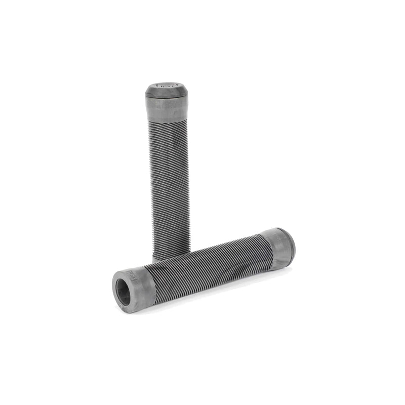 Fiend Flangeless Grips in black medium density Krayton rubber with angled rib pattern and nylon plug bar ends