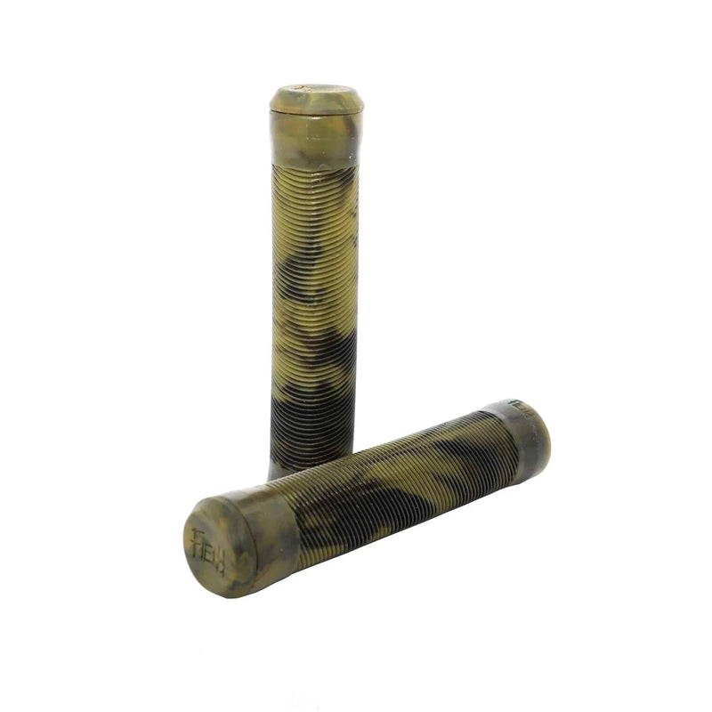 Fiend Flangeless Grips made of medium density Krayton rubber with angled rib pattern and nylon plug bar ends in marble color