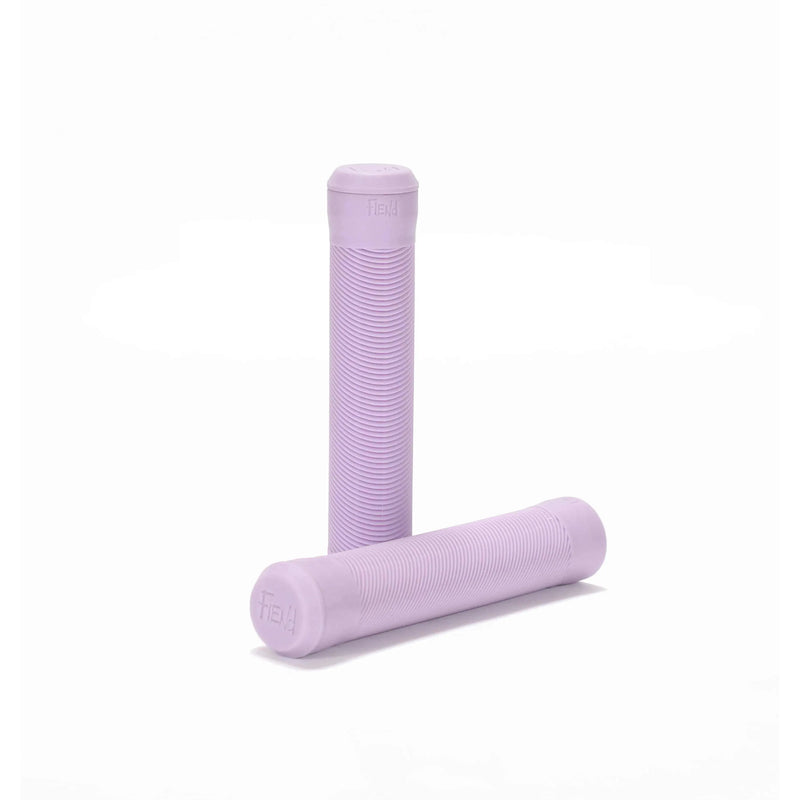 Pair of light purple Fiend Flangeless Grips made from medium density Krayton rubber with angled rib pattern and nylon plug style bar ends