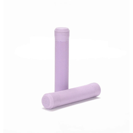 Pair of light purple Fiend Flangeless Grips made from medium density Krayton rubber with angled rib pattern and nylon plug style bar ends