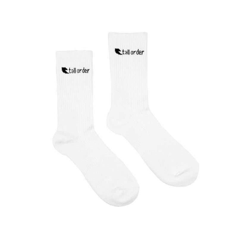 White Tall Order Small Logo Socks with subtle black branding and ribbed texture for durable everyday comfort