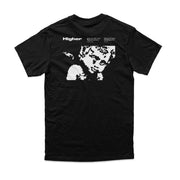 Black HIGHER CRYPT T-SHIRT with pixelated art print and white text on back, made of 100% combed cotton with relaxed fit and durable construction