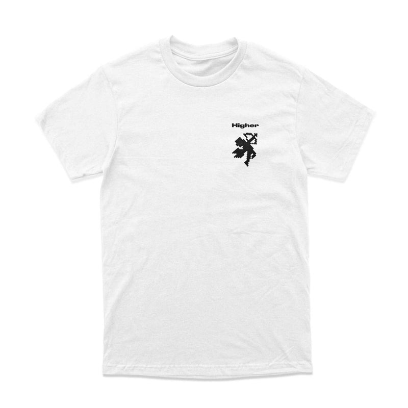 White HIGHER CRYPT T-SHIRT with black Higher Crypt Art screen print, relaxed fit, heavy weight 220 GSM 100% combed cotton