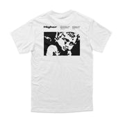 White HIGHER CRYPT T-SHIRT with black pixelated angel art and text on back, relaxed fit, 100% combed cotton, heavy weight 220 GSM