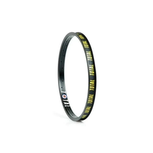 Total BMX Spitfire Rim 6066-T6 alloy double wall BMX bike rim with yellow branding and 36 spoke holes