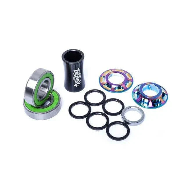 TOTAL BMX Mid Size Bottom Bracket Set with sealed bearings, CNC machined alloy cones, and crank arm spacers in 19mm and 22mm spindle options