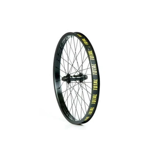 TOTAL TECHFIRE FRONT WHEEL black bicycle wheel with yellow branding and spokes for smooth ride and durability