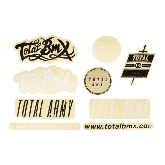 TOTAL BMX sticker set featuring black and white logos and text designs including "TOTAL ARMY" and website URL.