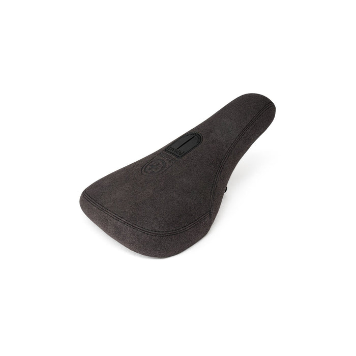 Black SALTPLUS PIVOTAL SEAT with embossed top cover and plastic bumpers, compatible with Pivotal seat posts.