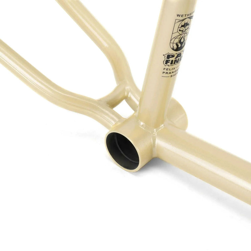 Wethepeople Pathfinder Frame by Felix Prangenberg in beige close-up of bottom bracket shell and chainstay with logo and weld details