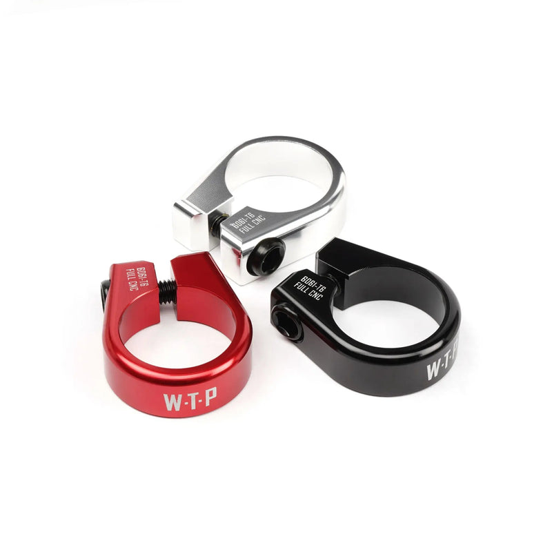 WETHEPEOPLE SUPREME V2 CNC alloy seat clamps in black, red, and polished silver colors, 25.4mm size, lightweight and slim design