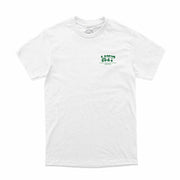 White WETHEPEOPLE BOMBAY T-shirt with green screenprinted graphic, short sleeve crew neck, 100% cotton classic fit.