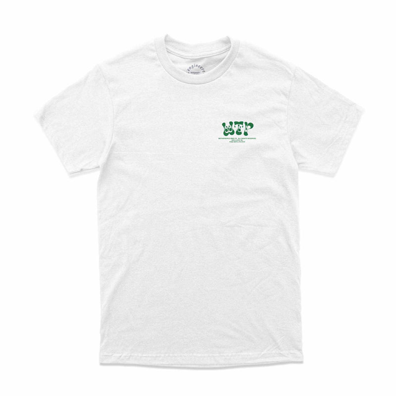 White WETHEPEOPLE BOMBAY T-shirt with green screenprinted graphic, short sleeve crew neck, 100% cotton classic fit.