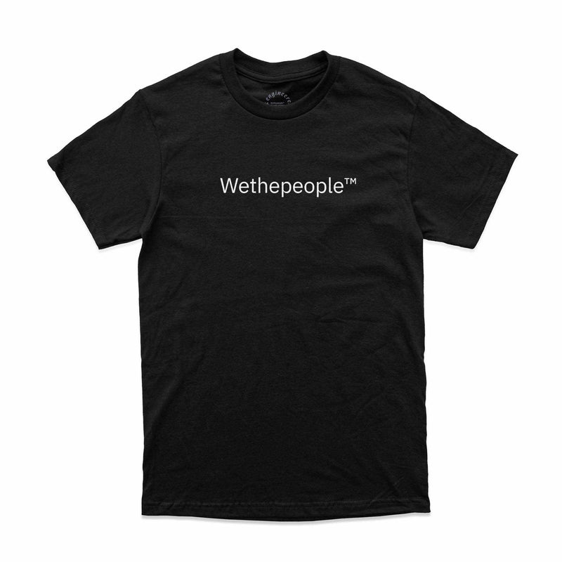 Black WETHEPEOPLE brand t-shirt with white embroidered logo, short sleeve crew neck, classic fit, made of 100% cotton fabric.