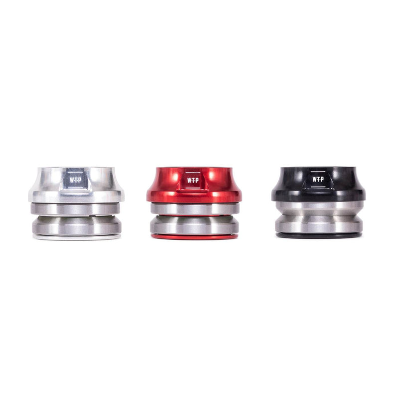 WETHEPEOPLE COMPACT HEADSET set with 6061 alloy top caps in silver, red, and black, precision sealed bearings for 1 1/8" steerer tubes with included spacers.