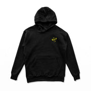 Black WETHEPEOPLE THUMBS UP hoodie with yellow logo, pullover style, classic fit, cotton-poly blend