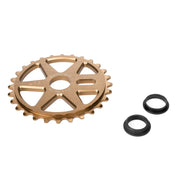 WETHEPEOPLE LOGIC SPROCKET gold CNC machined 25T BMX sprocket with adaptors on white background