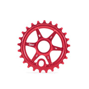 Red WETHEPEOPLE PATROL SPROCKET made from 6061-T6 alloy with CNC construction and offset teeth for BMX bikes.