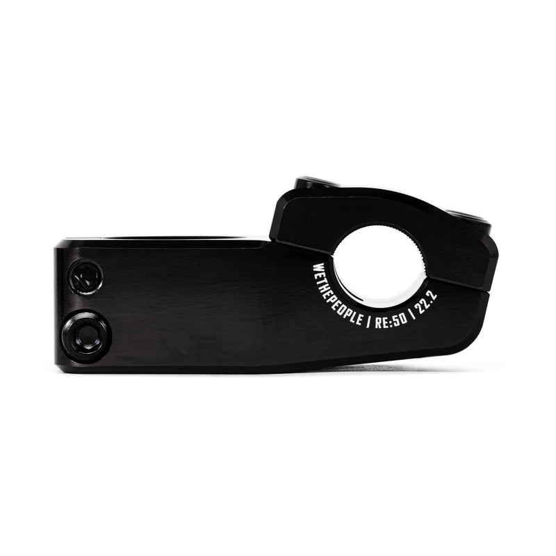Black WETHEPEOPLE LOGIC STEM top load BMX bike stem with 48mm faceplate and CNC machined 6061-T6 alloy construction.